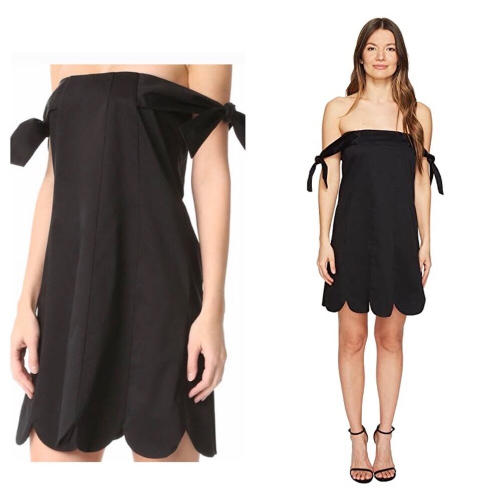 Zac Posen Isla Black Poplin Cotton Off Shoulder Scalloped Hem Mini Dress Size 8